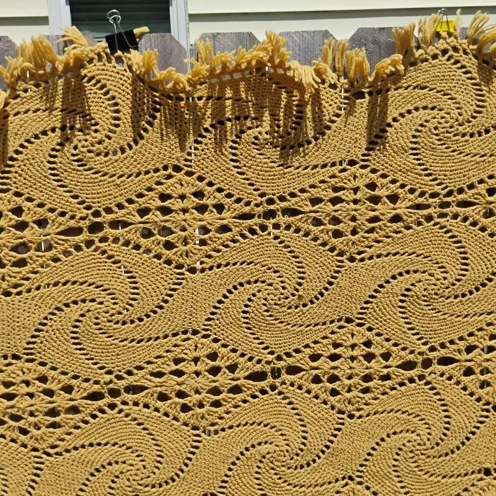 Vintage Mustard Yellow Crochet Afghan Blanket Pinwheel Starburst Fringe 112x65
